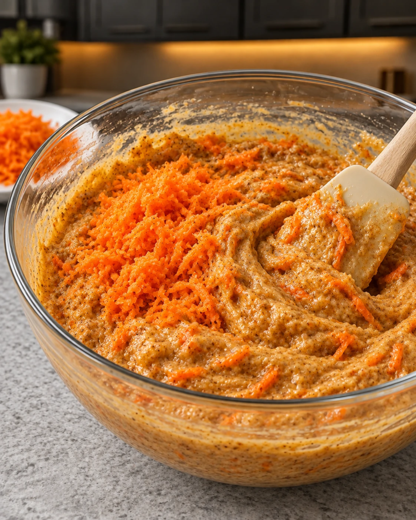Finely grated carrots being folded into carrot cake batter