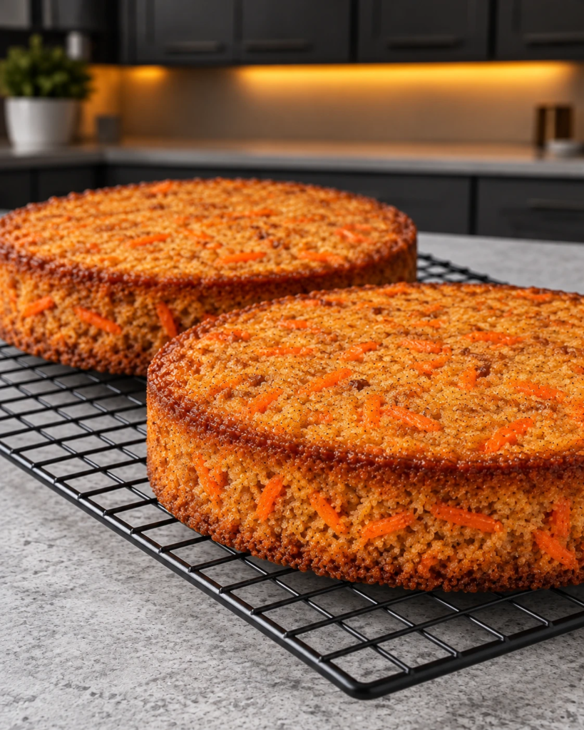 Two baked carrot cake layers cooling on a wire rack
