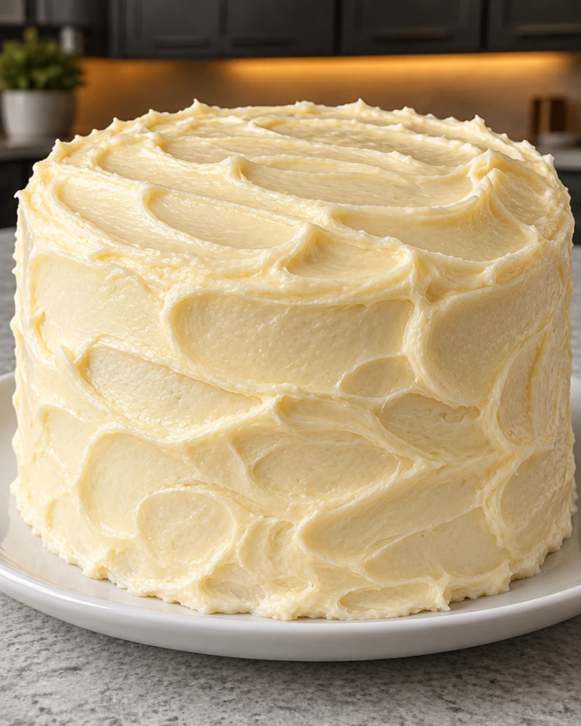 Whole sugar-free carrot cake covered in swirled cream cheese frosting