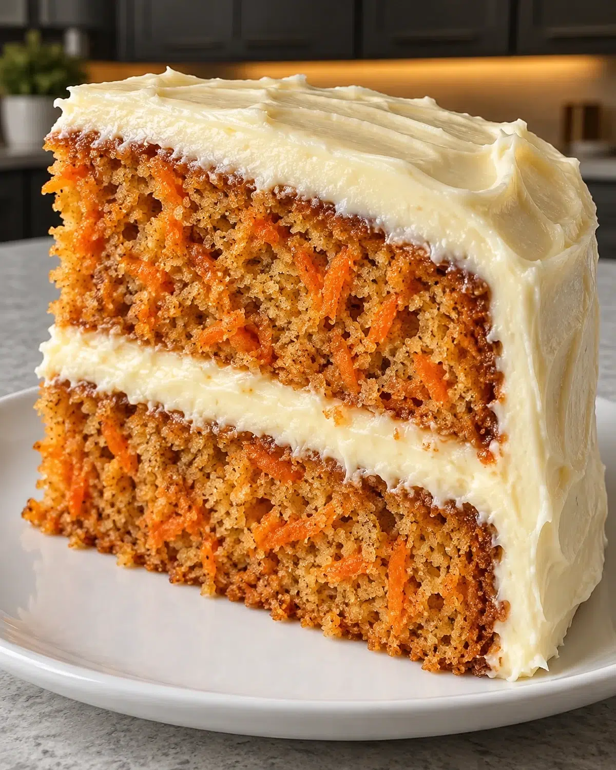 Slice of sugar-free carrot cake with two layers and thick cream cheese frosting