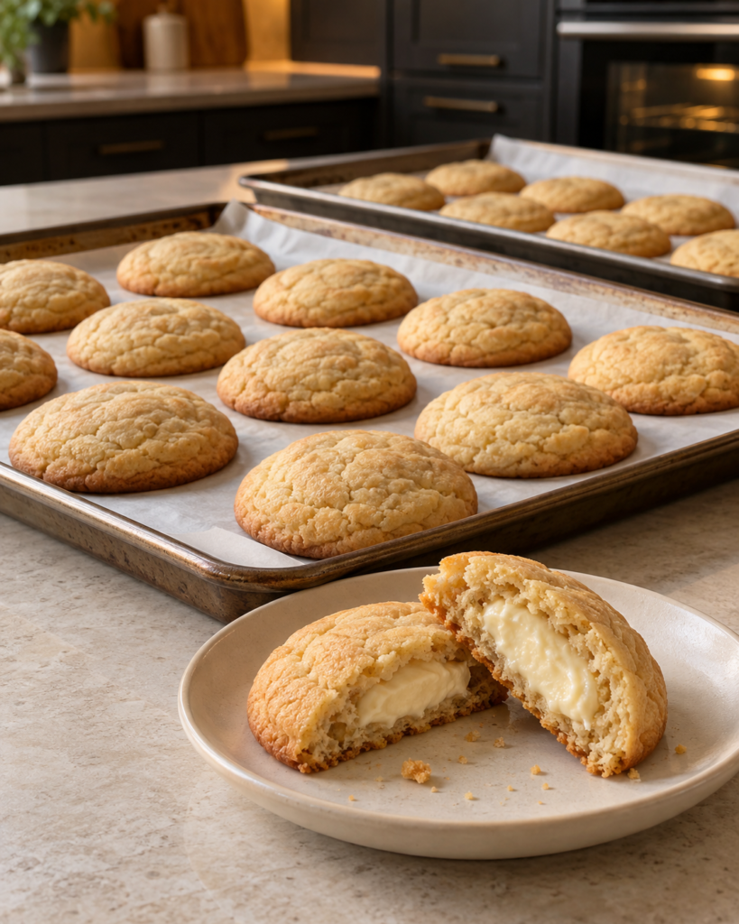 sugar-free cheesecake cookies with a broken cookie revealing the cream cheese filling