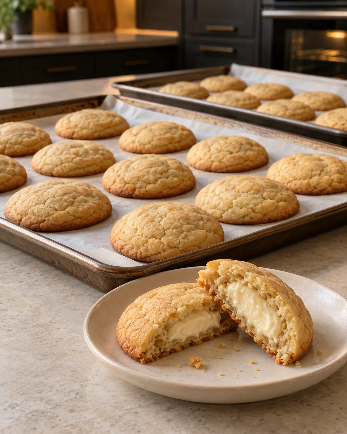 sugar-free cheesecake cookies with a broken cookie revealing the cream cheese filling