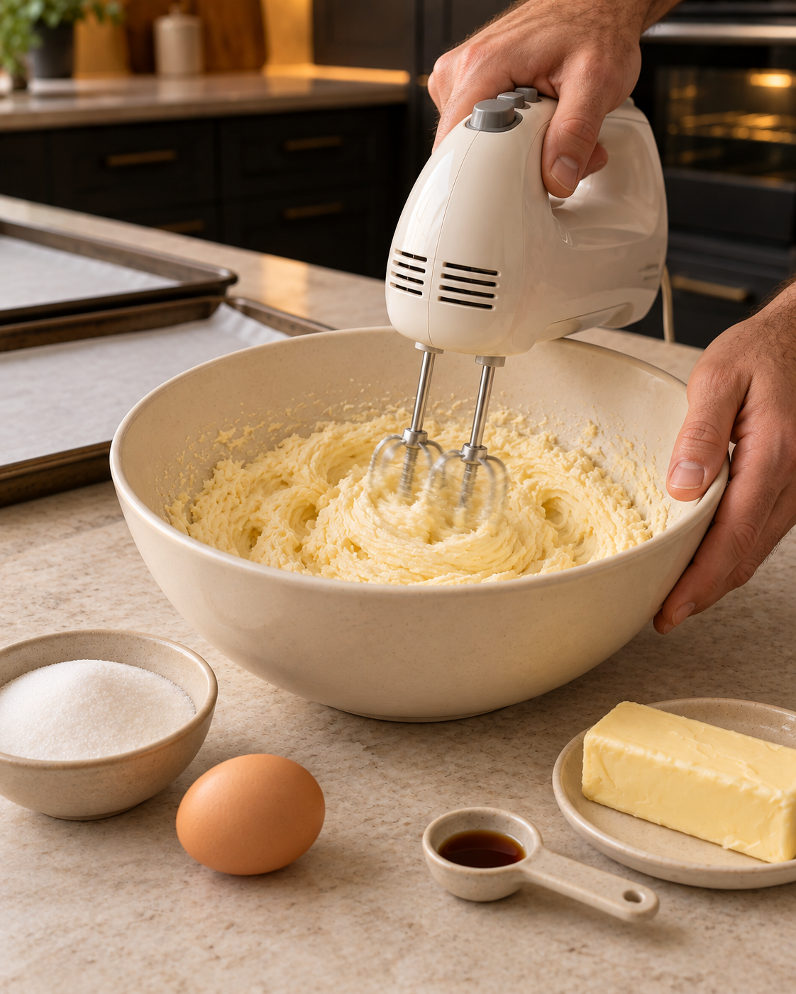 Butter and allulose creamed in a mixing bowl with an electric hand mixer