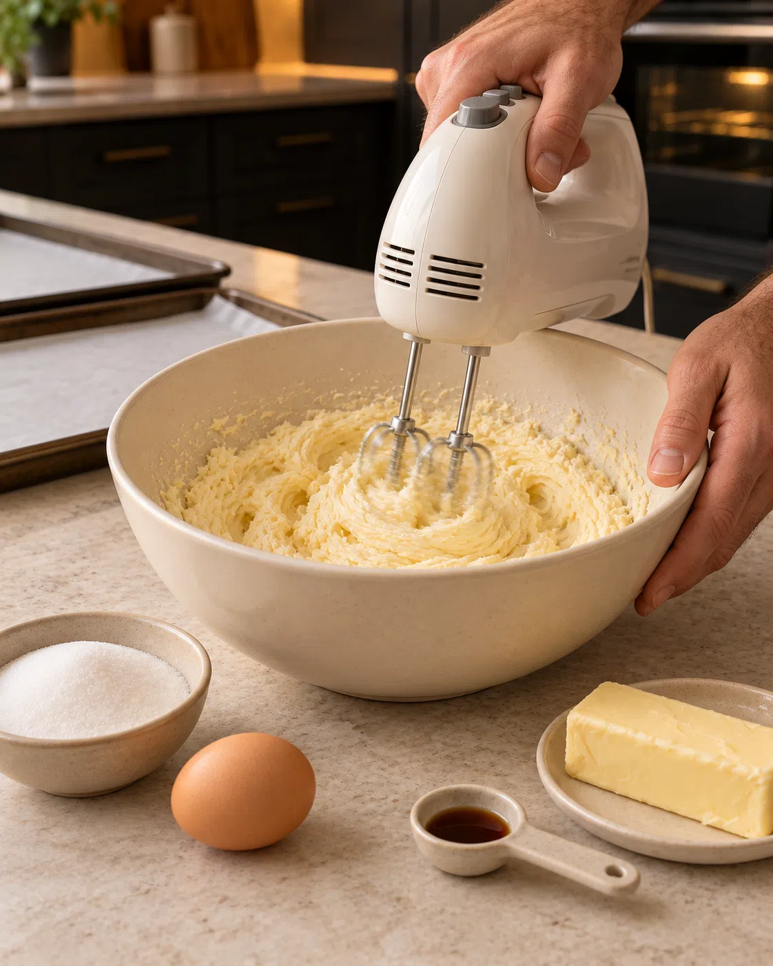Butter and allulose creamed in a mixing bowl with an electric hand mixer