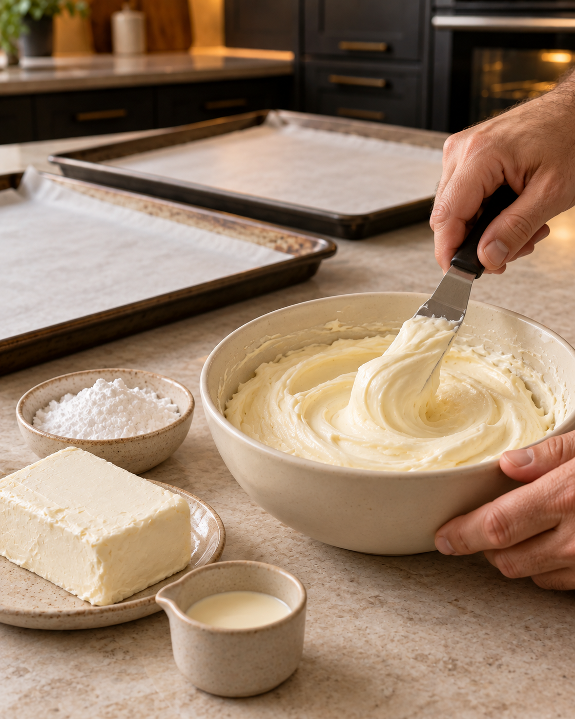Smooth pale cream cheese filling stirred in a small bowl
