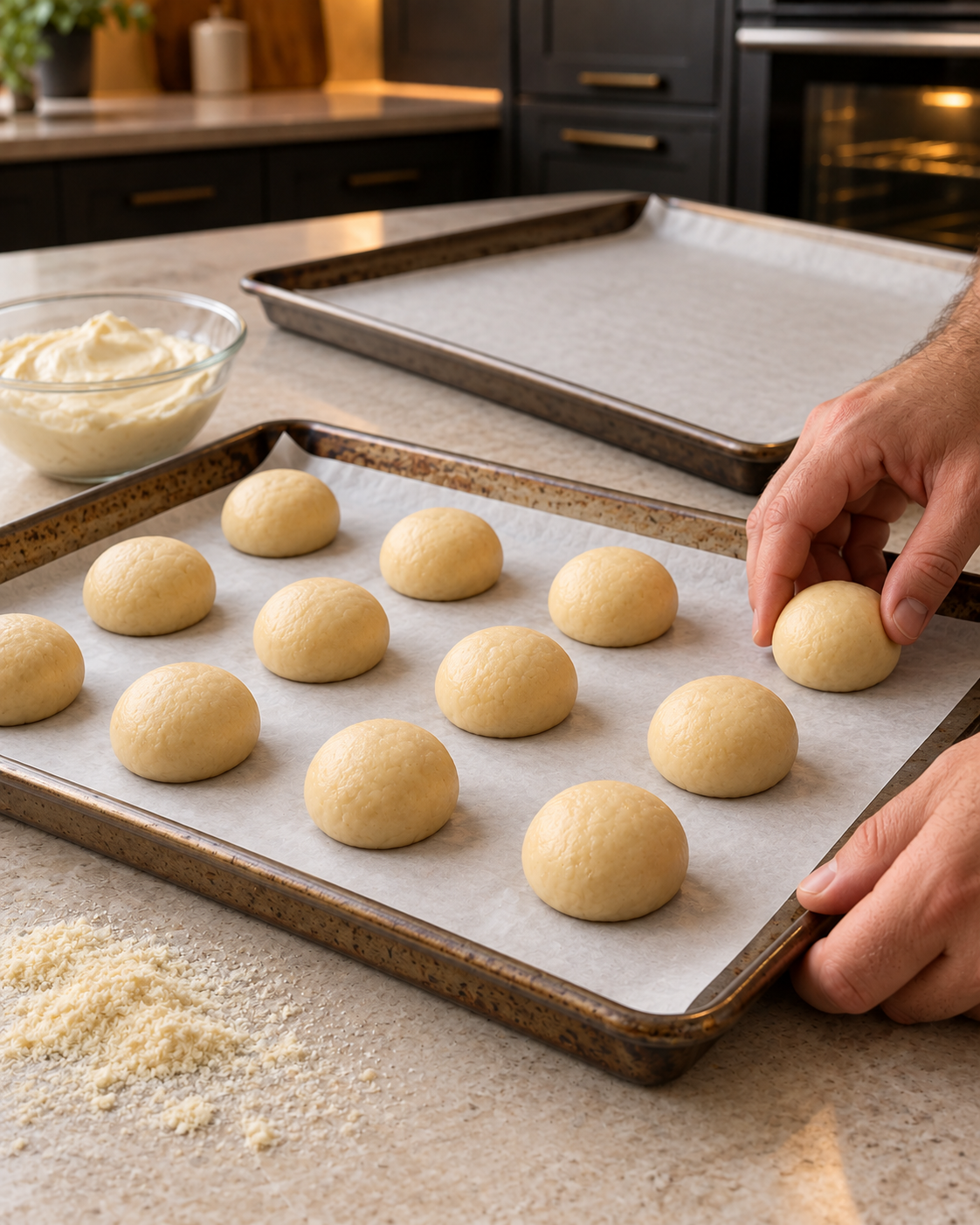Sugar-free cheesecake cookies before baking: twelve filled dough balls chilled on a lined baking sheet