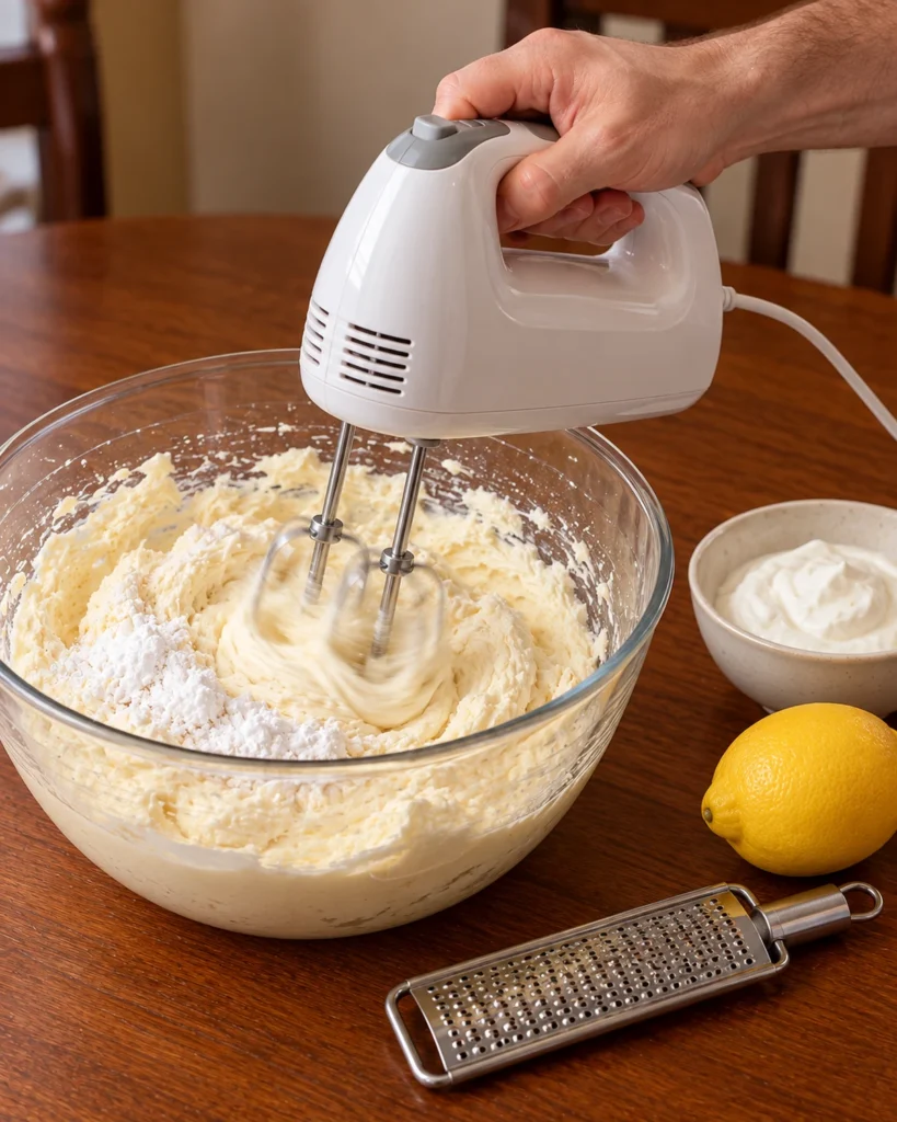 Cream cheese and allulose beaten smooth in a glass bowl