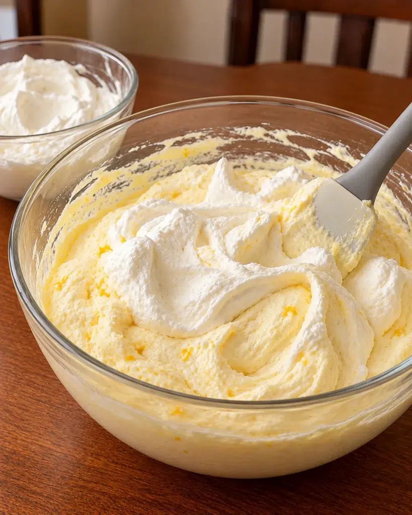 Whipped cream being folded into lemon cheesecake mixture