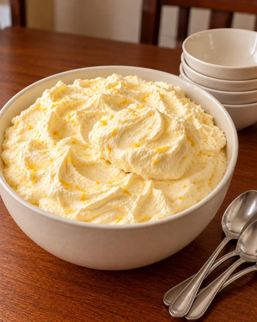 Bowl of sugar-free cheesecake fluff with soft swirls ready to serve