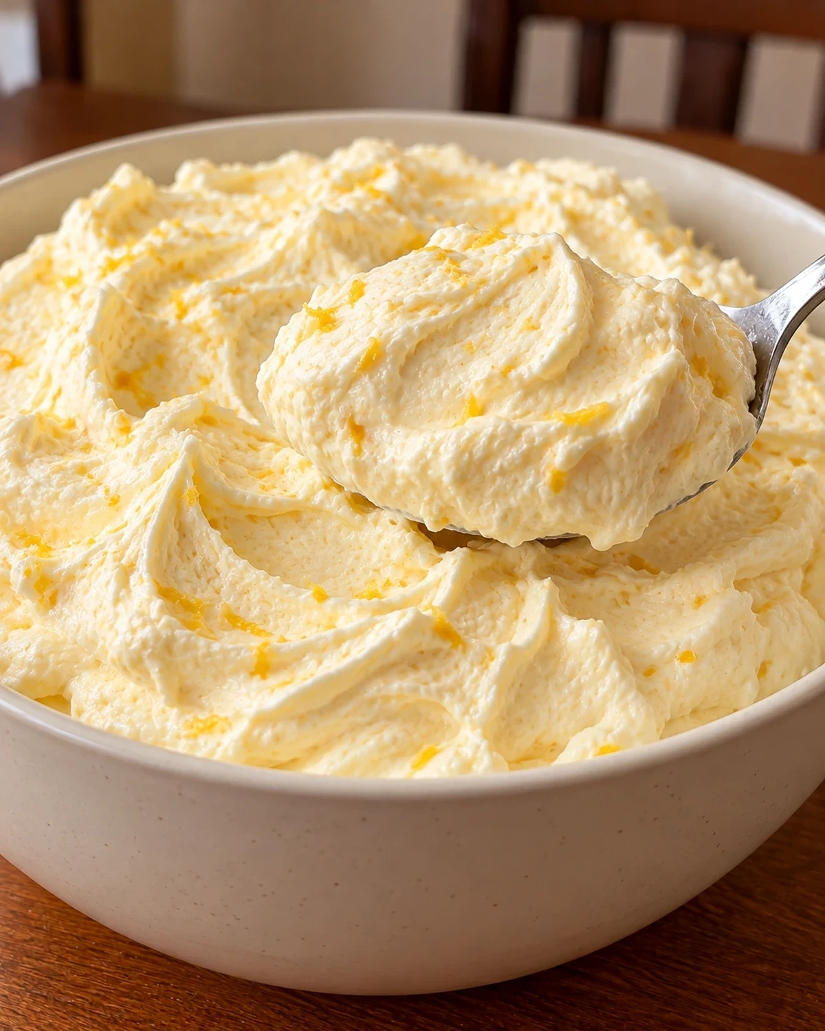 Sugar-free cheesecake fluff with lemon zest in a cream ceramic bowl with a spoonful lifted out