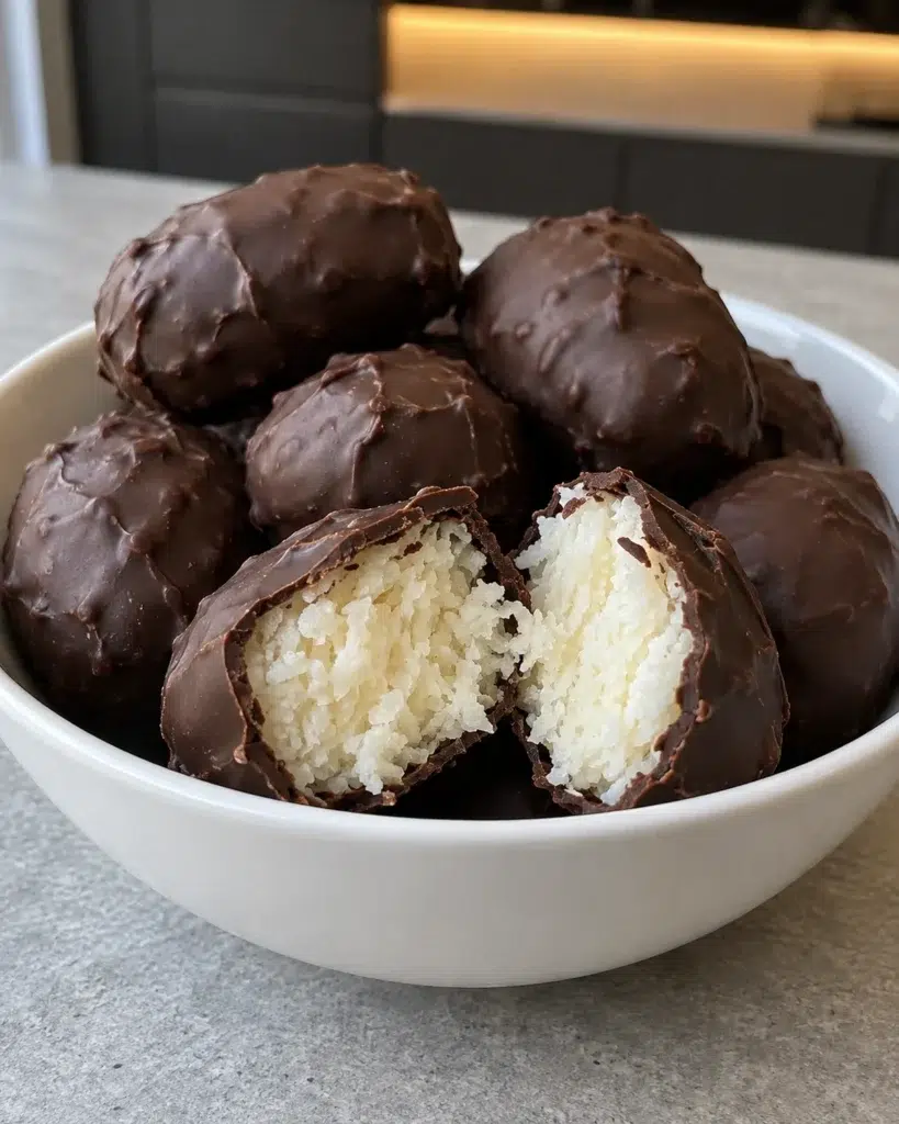 Sugar-free chocolate coconut balls in a white bowl, one cut open to show the white coconut center