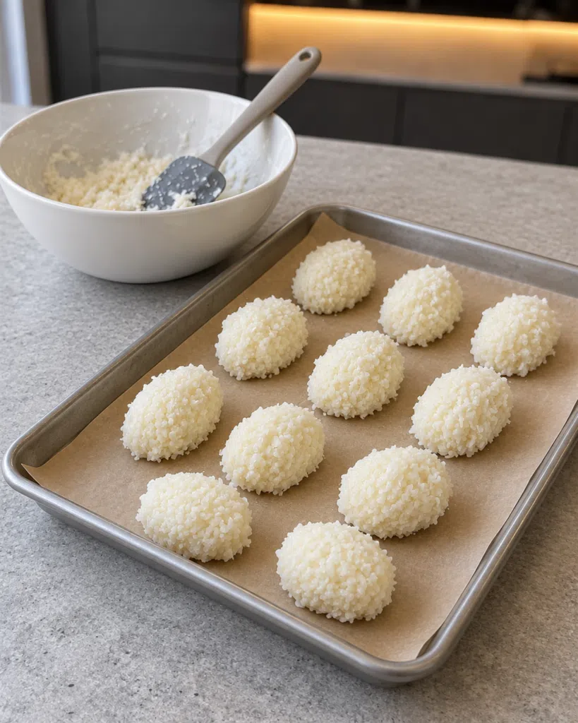 Twelve white coconut balls on a parchment-lined tray before dipping