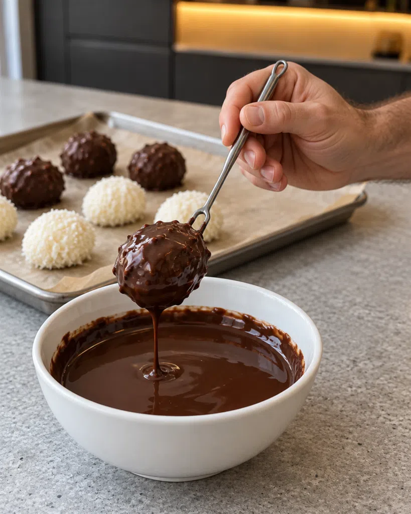 A coconut ball on a fork being lifted out of melted dark chocolate