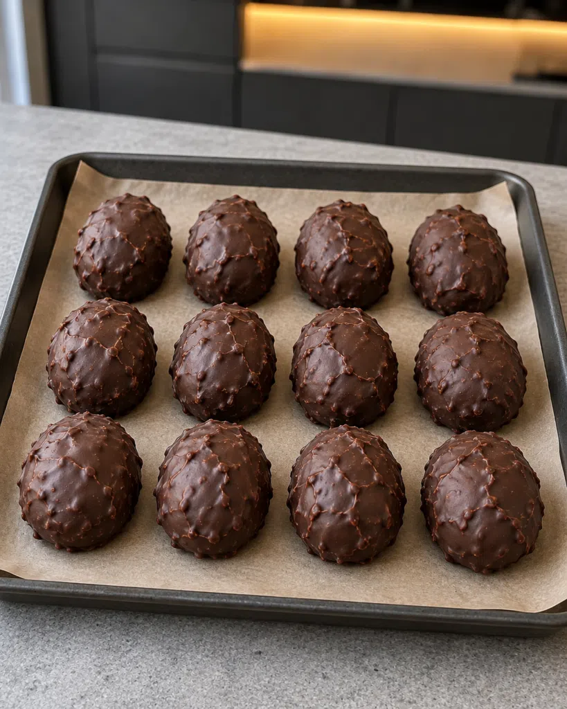 Twelve sugar-free chocolate coconut balls with a thin chocolate shell on parchment