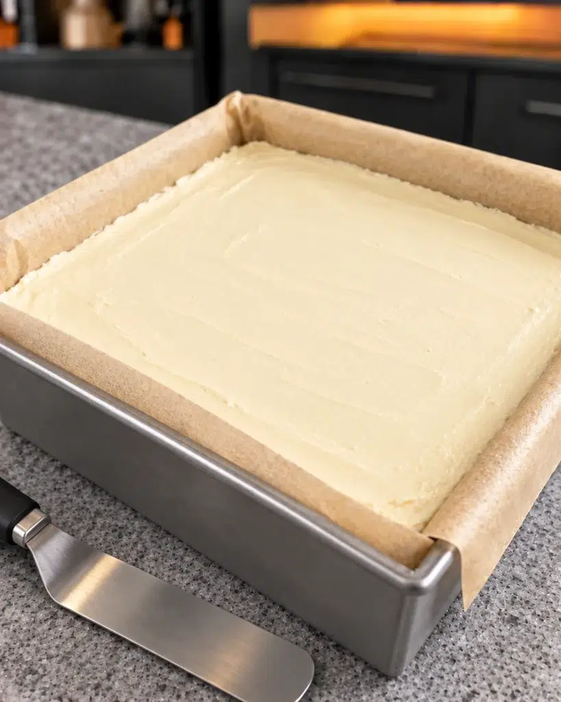 Chocolate crunch cheesecake bars: smooth no-bake cheesecake filling set in a square parchment-lined pan