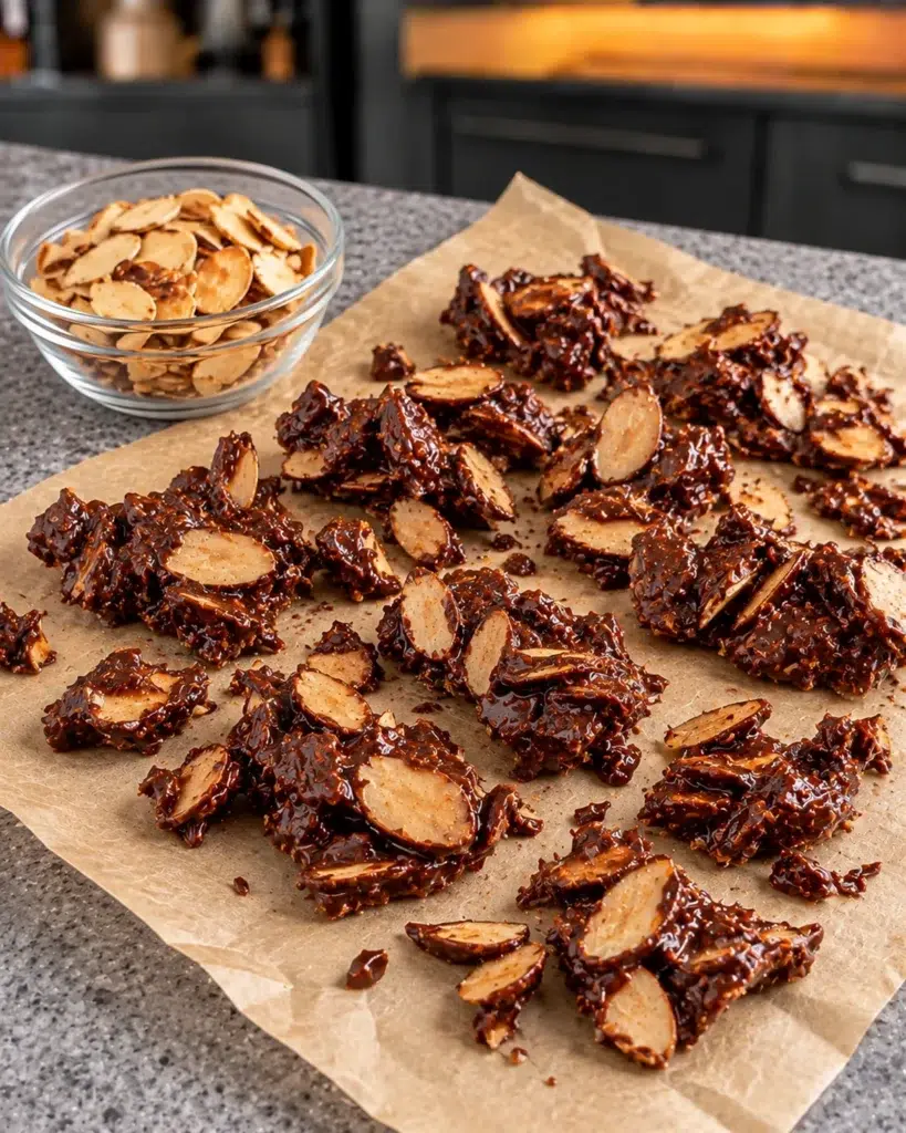 Chocolate-coated toasted almond clusters on parchment