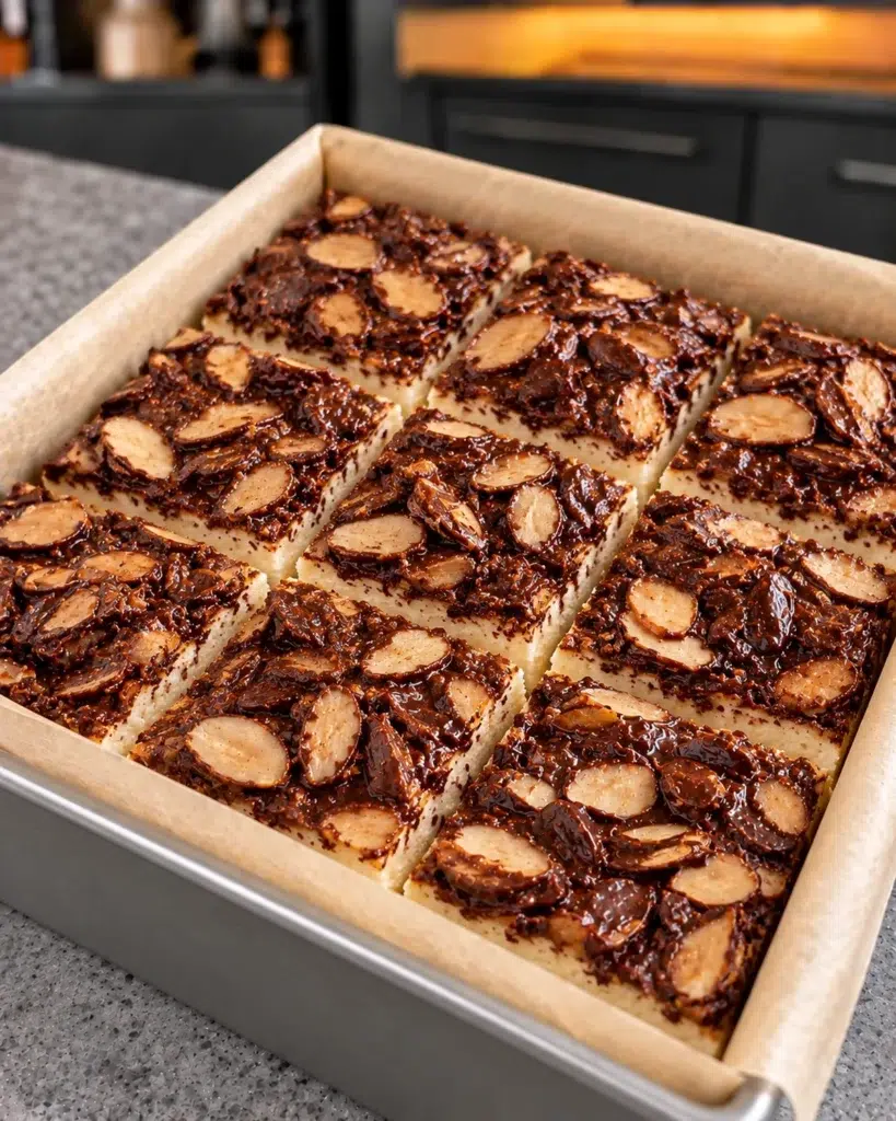 Nine cheesecake squares topped with chocolate almond crunch in the pan