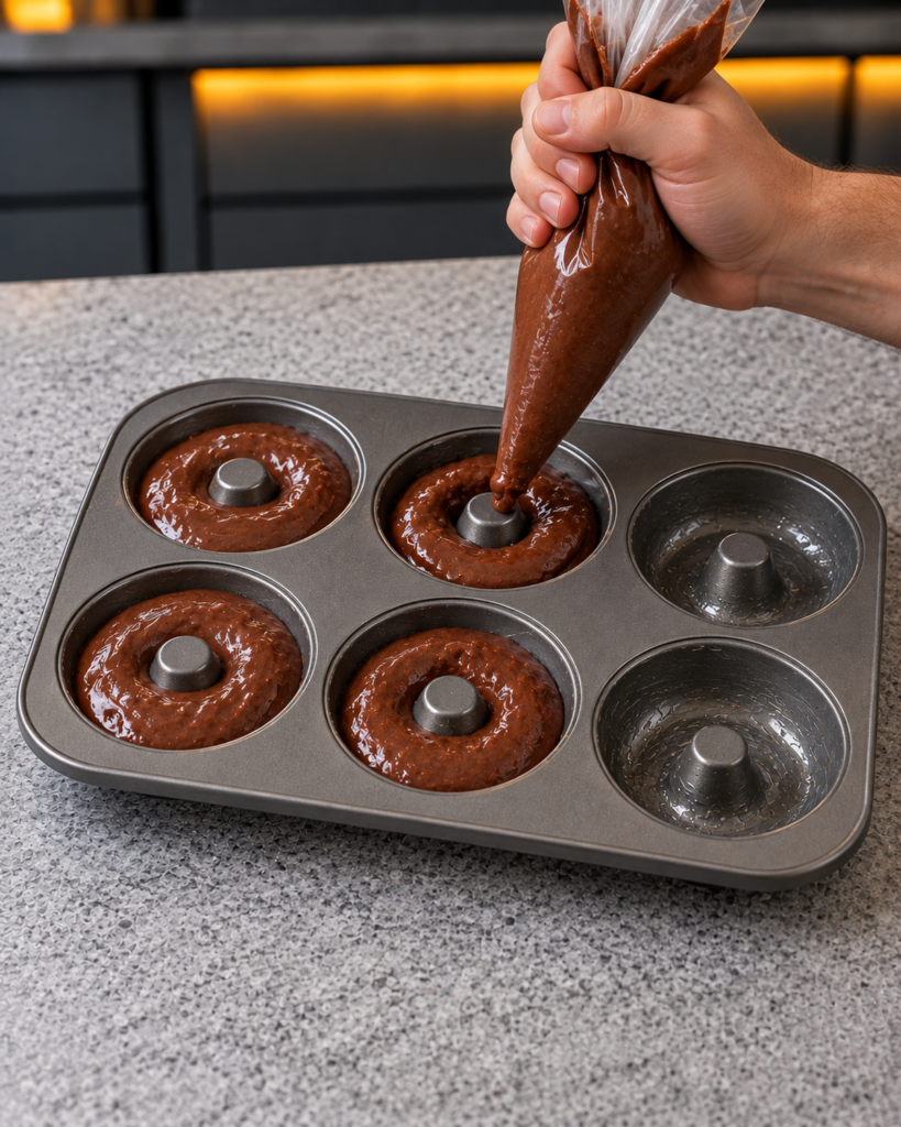 Chocolate donut batter being piped into a greased donut pan