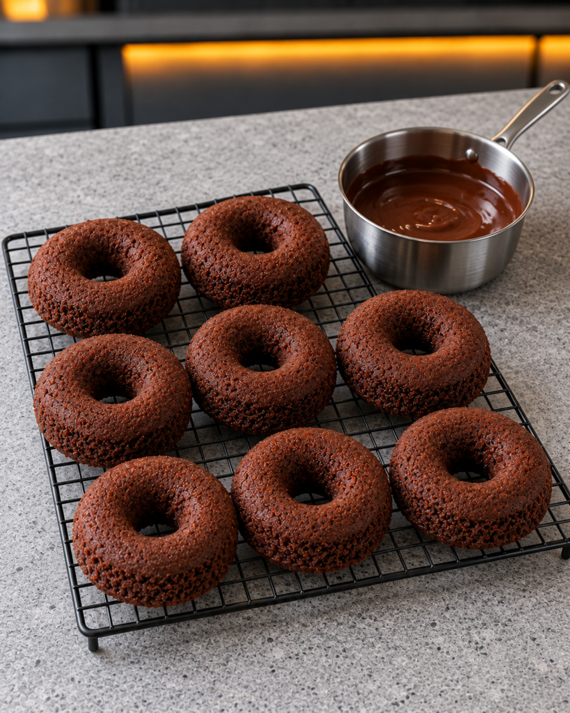 Baked unglazed sugar-free chocolate donuts cooling on a wire rack next to a pan of glaze