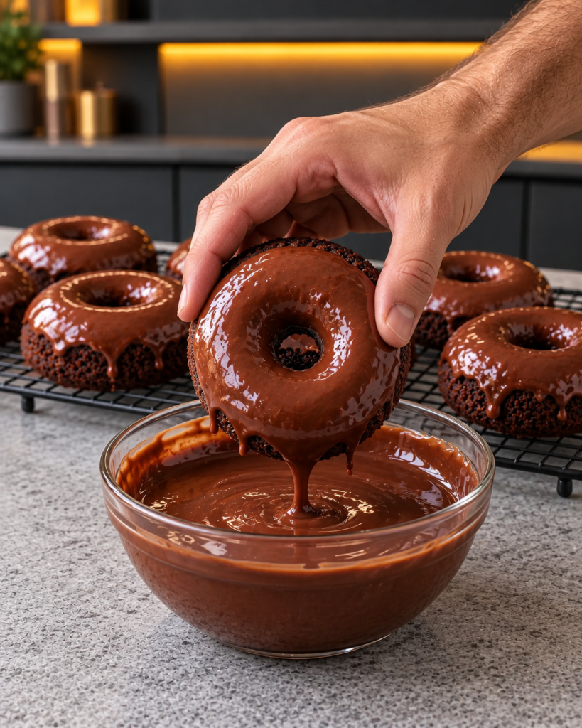 A chocolate donut being dipped into glossy chocolate glaze