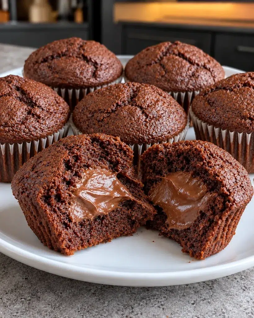 Sugar-free chocolate muffins on a white plate, one broken open to show the creamy chocolate center