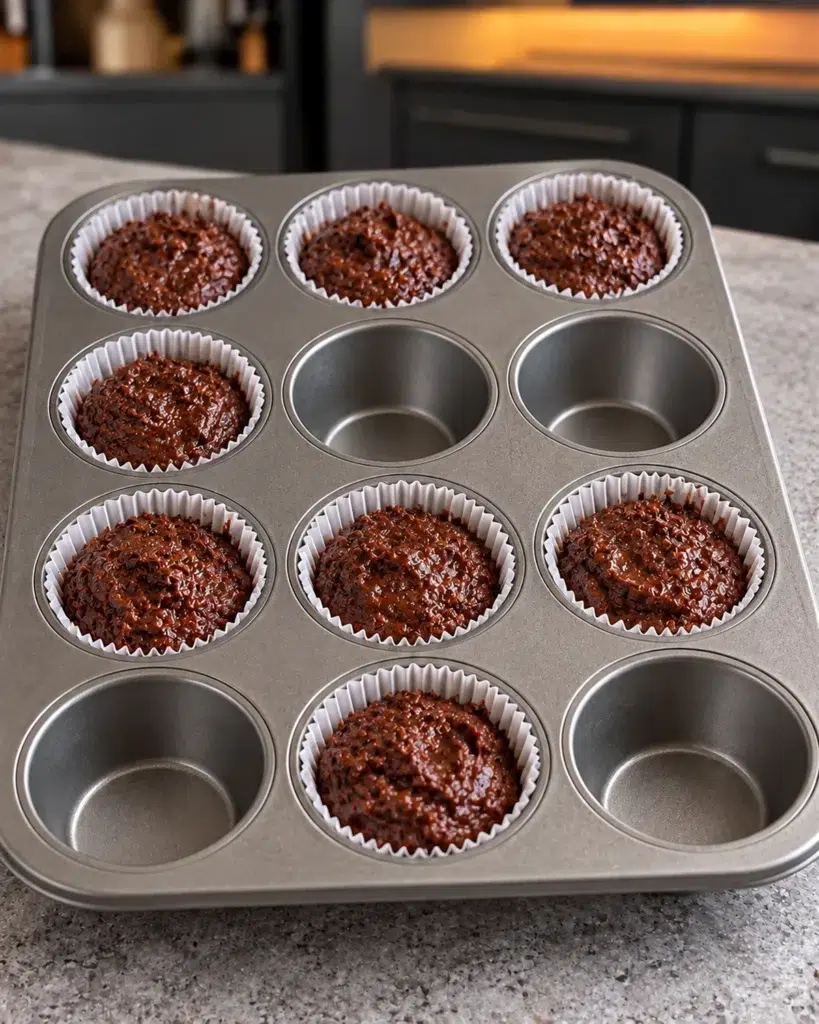 Chocolate muffin batter in eight lined muffin cups