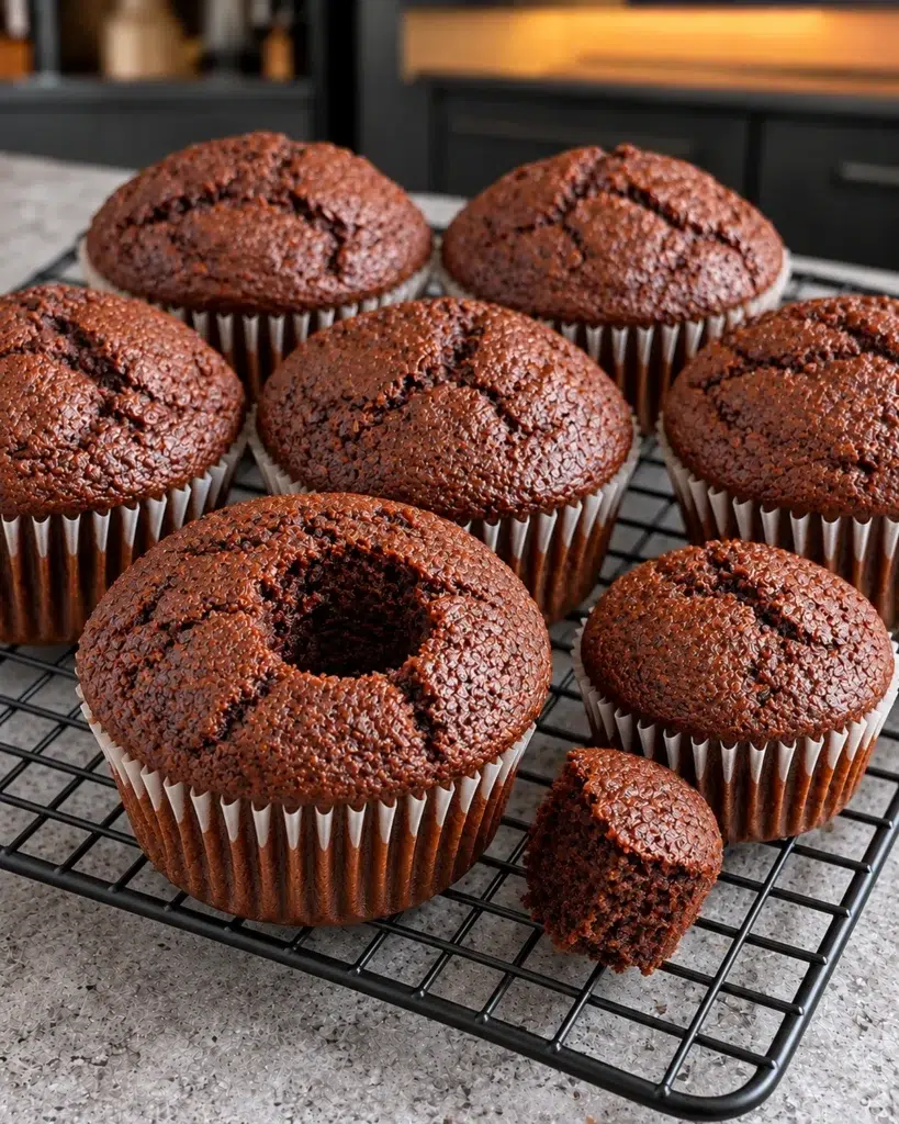 Baked chocolate muffins with one cored for filling