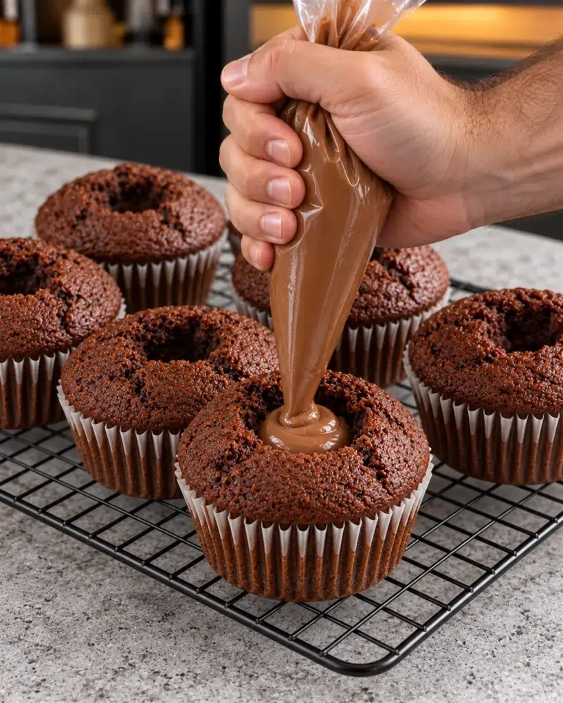 Chocolate cream being piped into a cored chocolate muffin