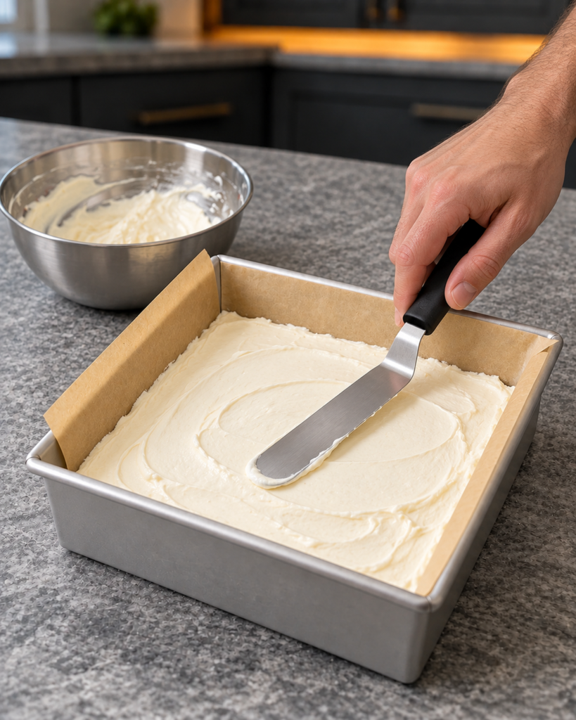 White peppermint cream spread with an offset spatula in a parchment-lined square metal pan