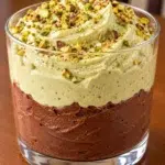 Sugar-free chocolate pistachio mousse cup with a chocolate layer, pistachio mousse and chopped pistachios