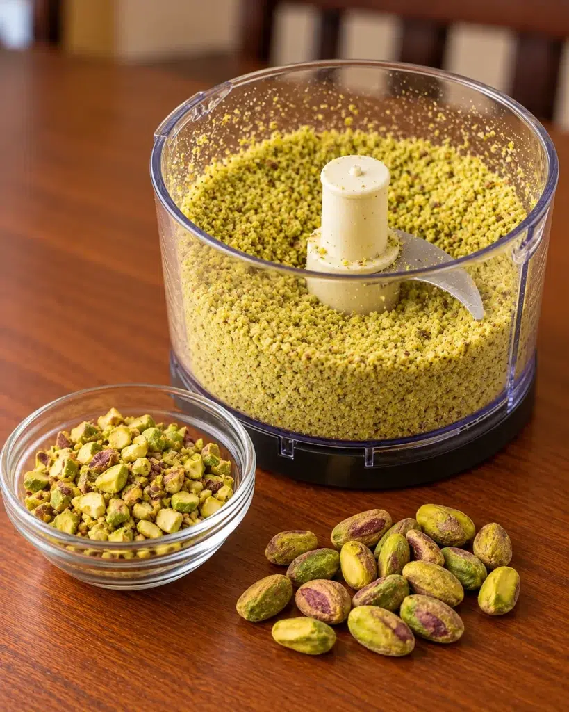 Finely ground pistachios in a food processor