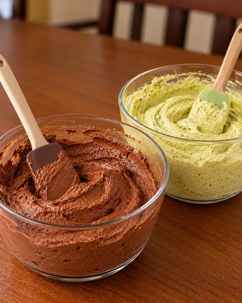 Chocolate mousse and pistachio mousse in two glass bowls