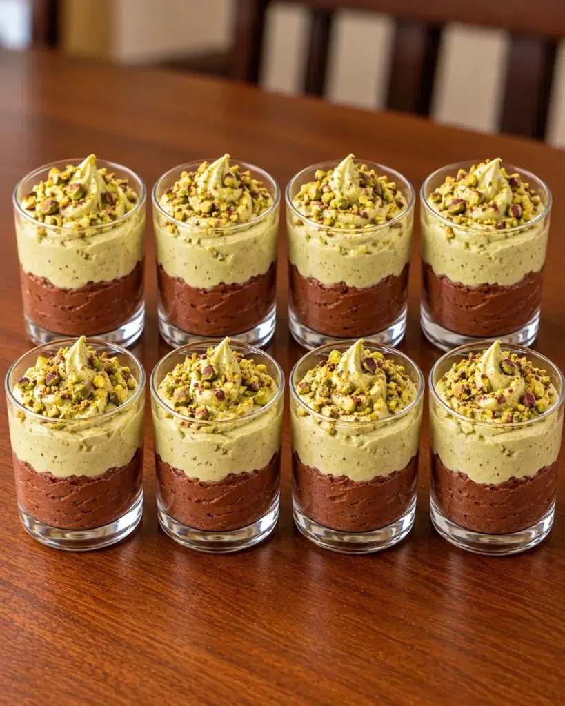 Eight chocolate pistachio mousse cups topped with chopped pistachios