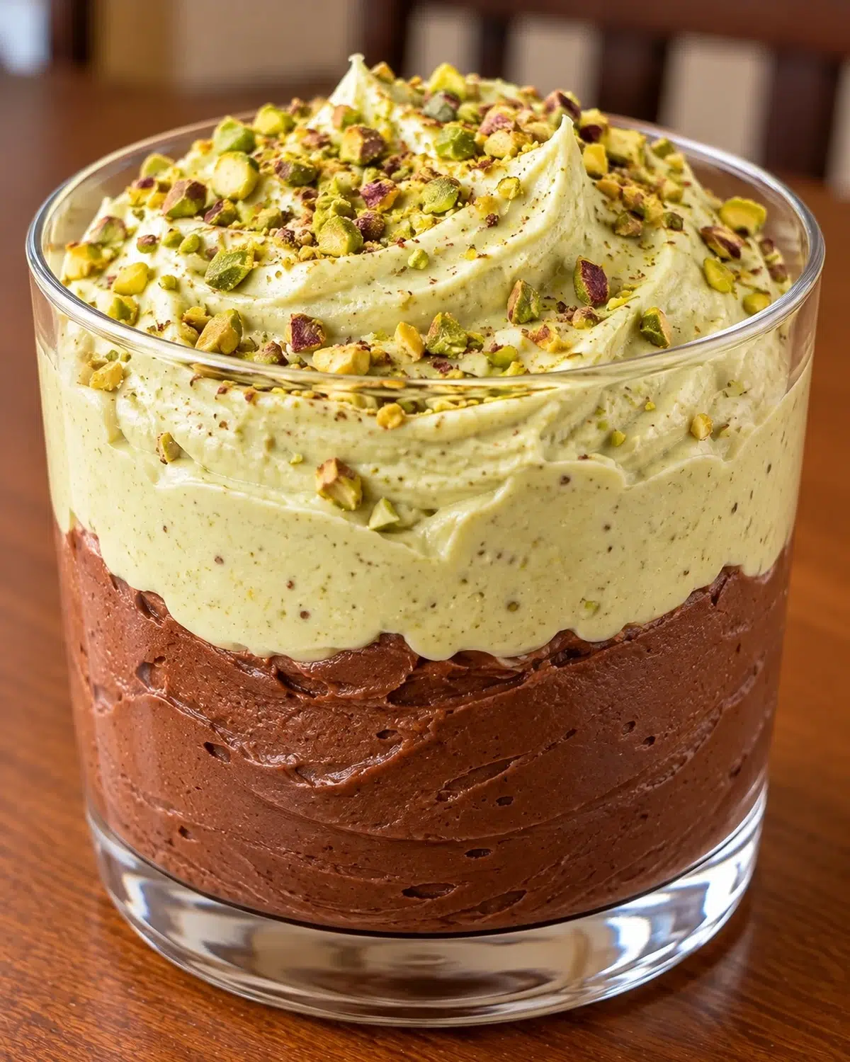 Sugar-free chocolate pistachio mousse cup with a chocolate layer, pistachio mousse and chopped pistachios