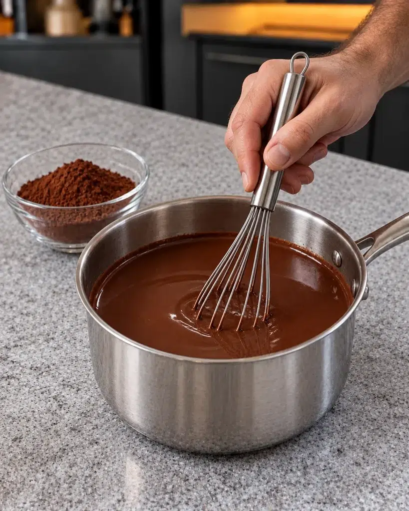 Cocoa being whisked into warm almond milk in a small saucepan