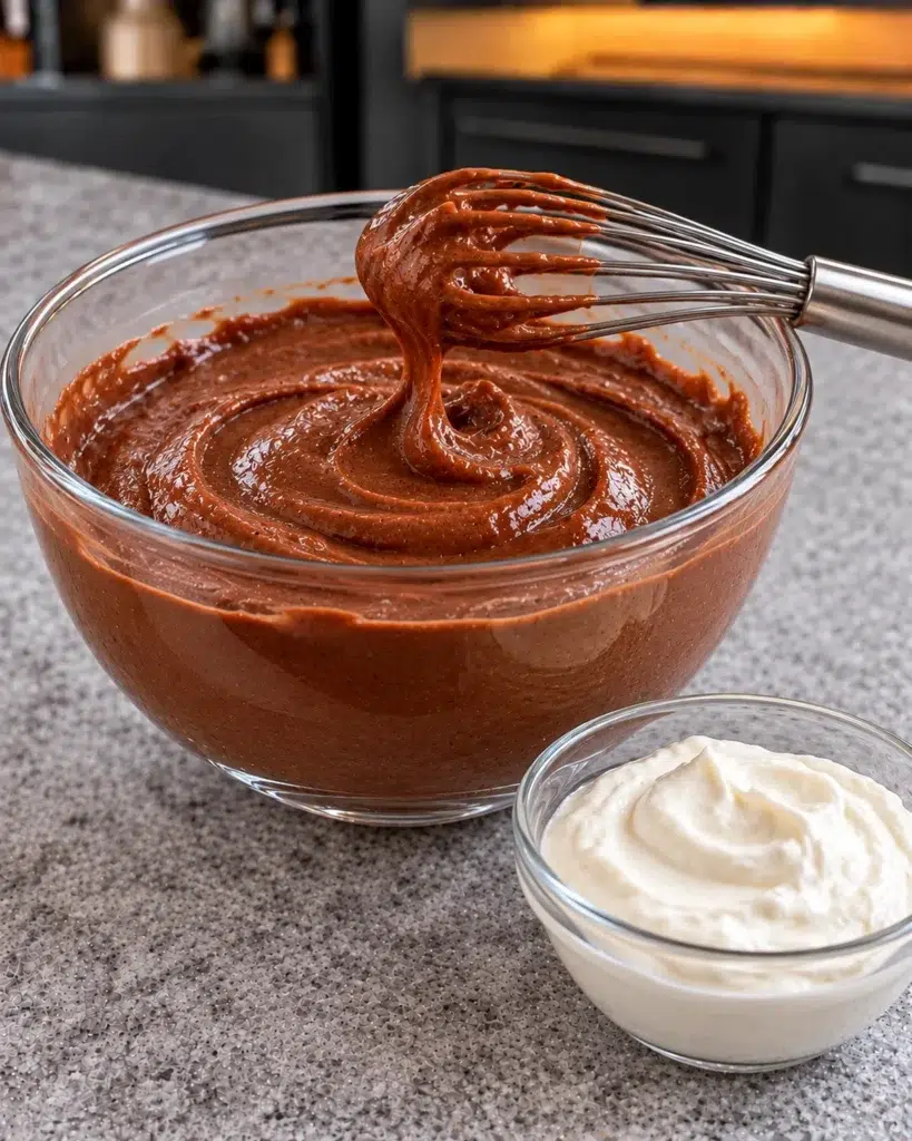 Smooth chocolate protein pudding mixture whisked in a glass bowl