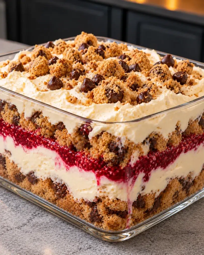 Sugar-free Christmas cookie lasagna in a glass dish with cookie, cheesecake cream and raspberry layers