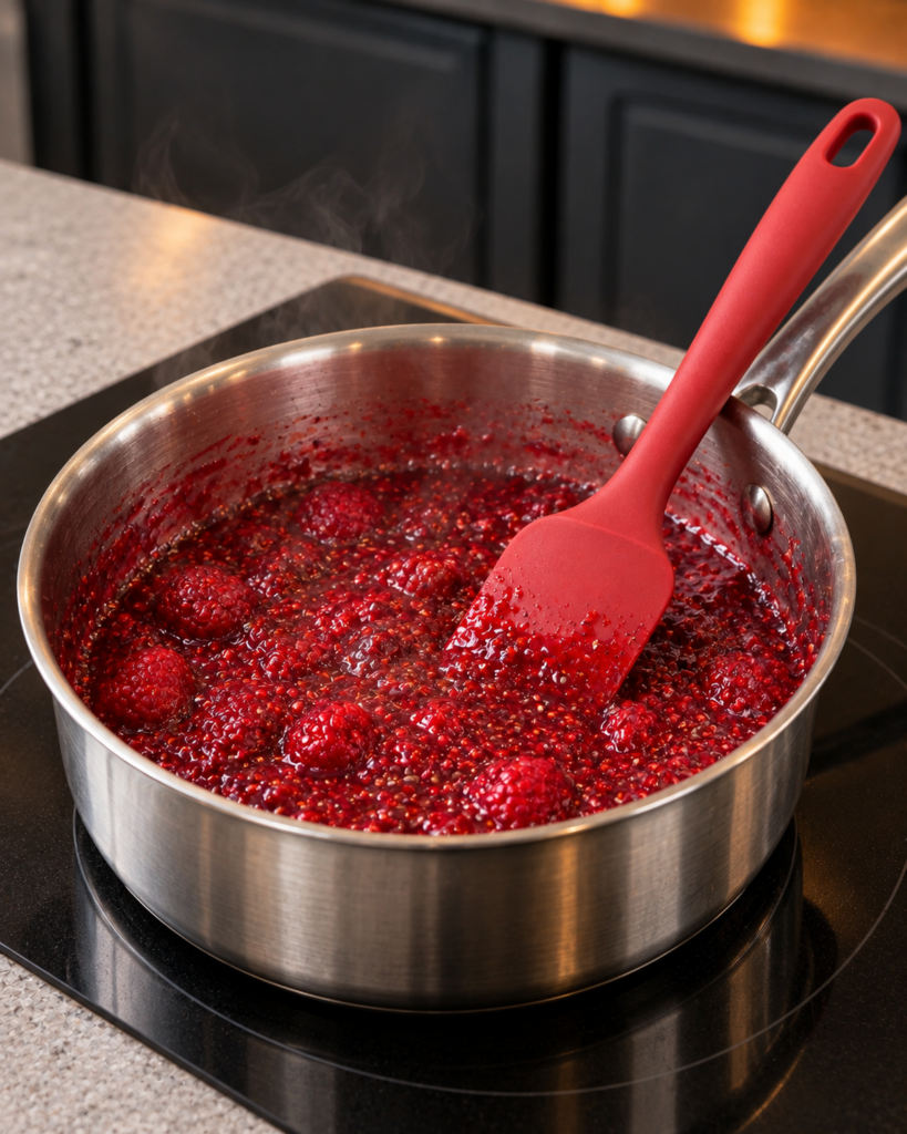 Raspberries simmering into a thick raspberry-chia filling in a saucepan