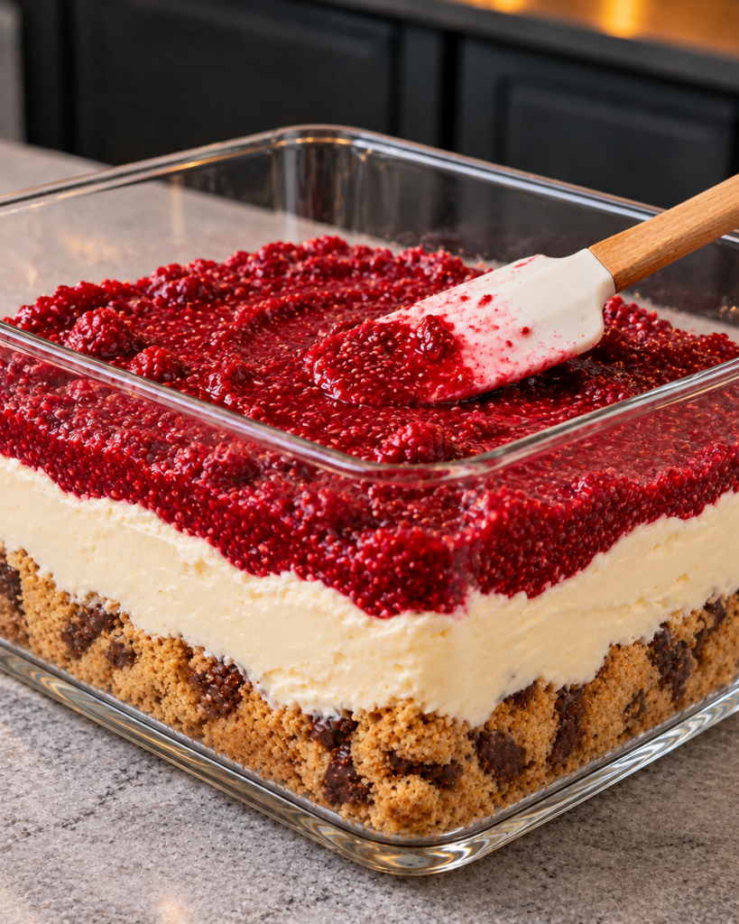 Cookie crumbs, cheesecake cream and raspberry layers in a glass dish