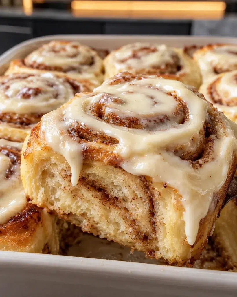 Sugar-free cinnamon rolls with cream cheese icing in a square baking pan