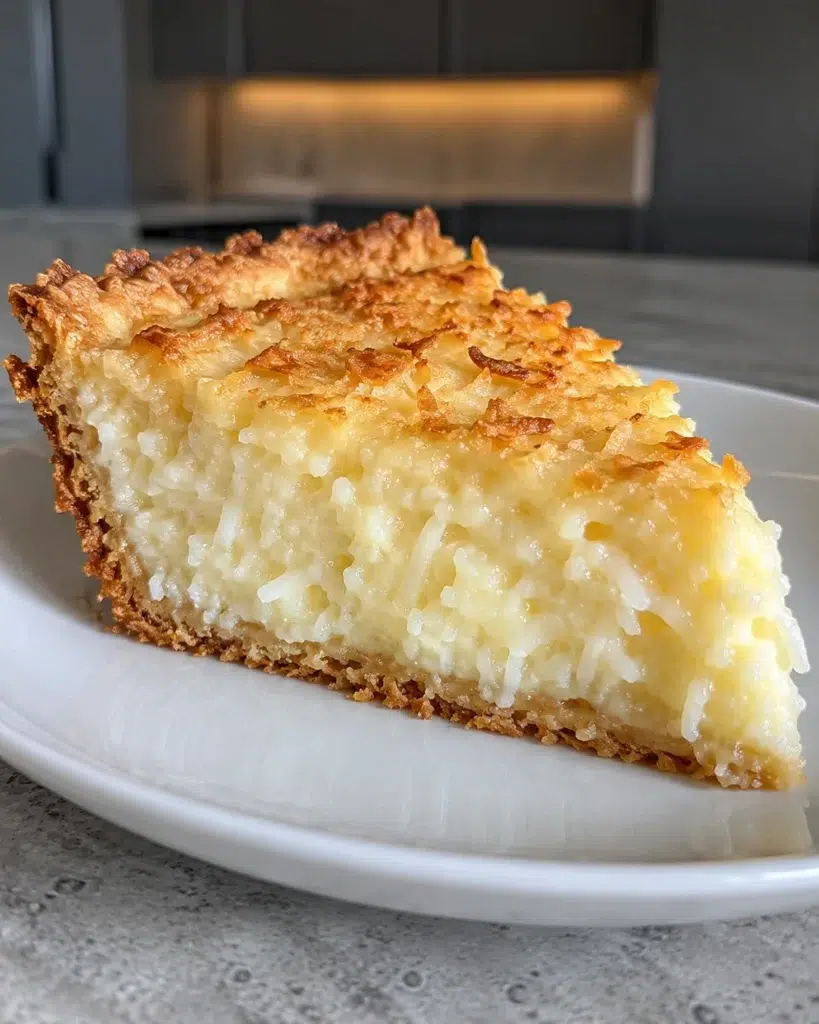 Sugar-free coconut custard pie wedge with golden toasted coconut on a white plate