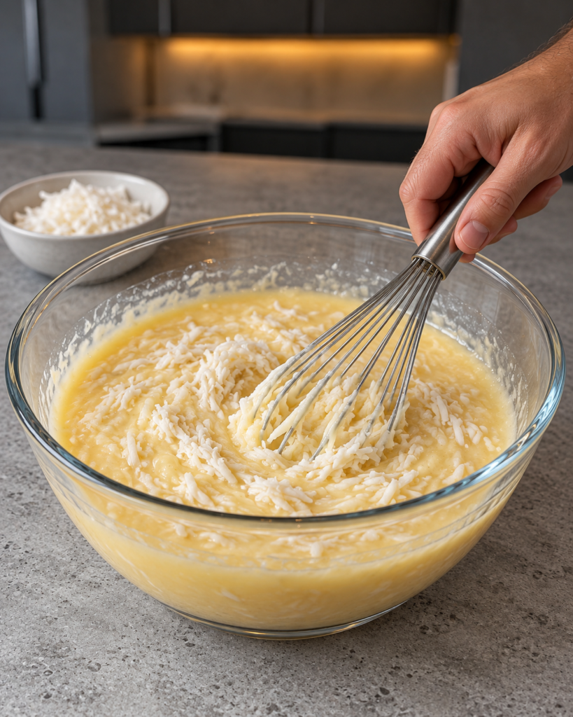 Whisked egg custard stirred with shredded coconut in a glass bowl