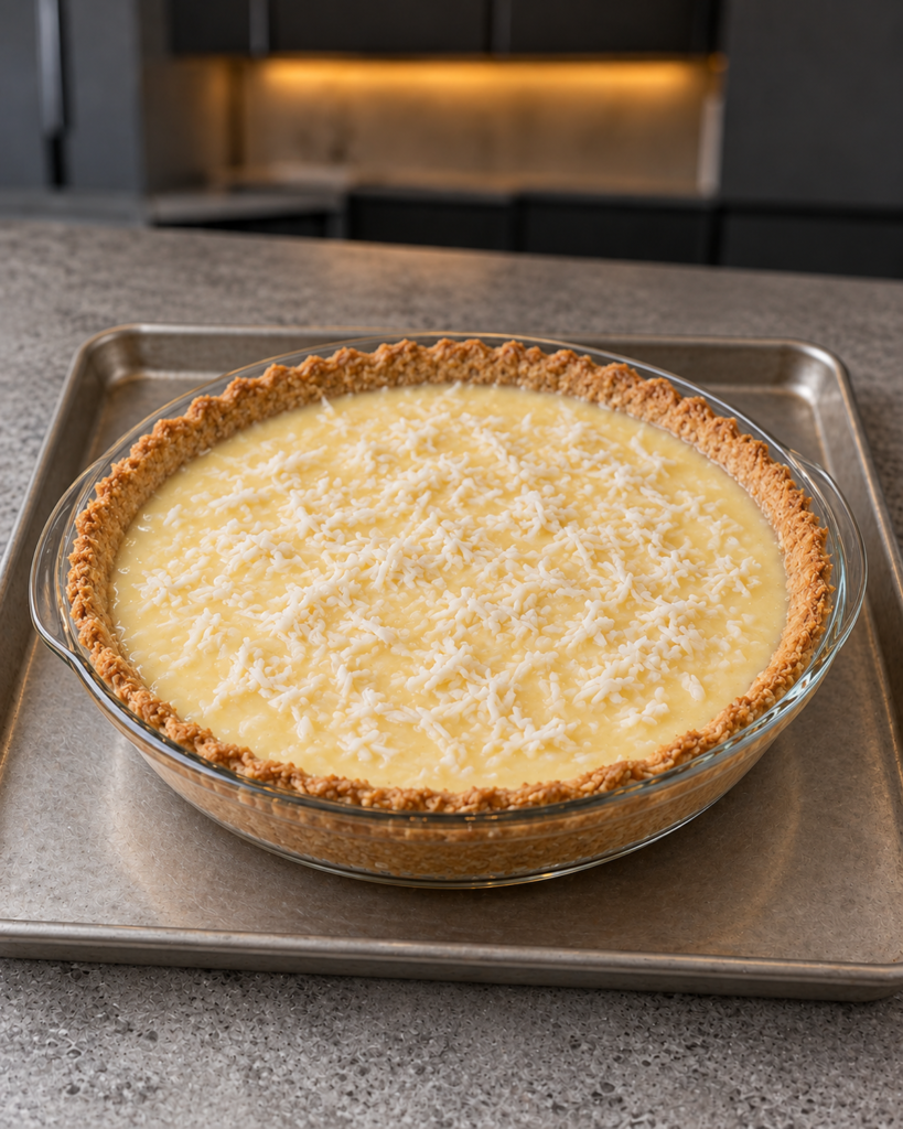 Unbaked coconut custard in a glass pie plate dusted with shredded coconut
