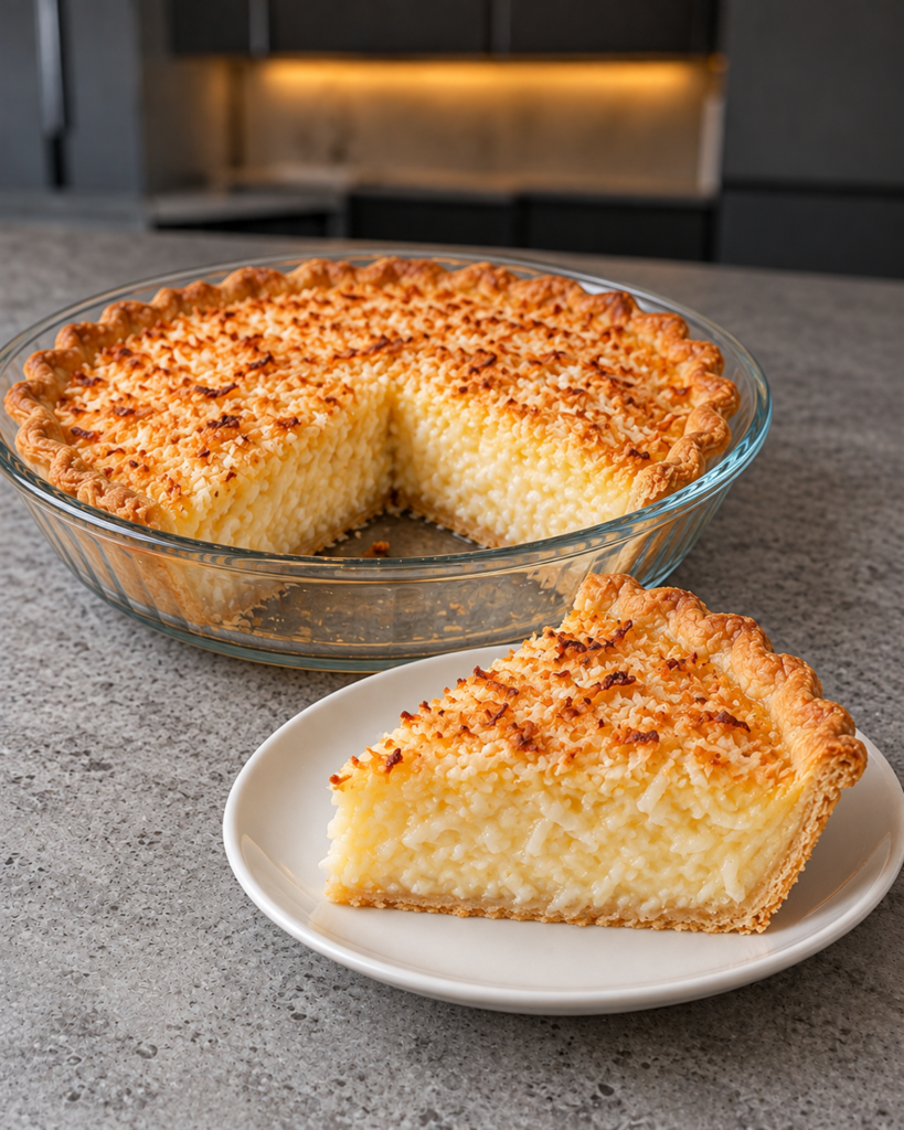 Baked coconut custard pie in a glass plate with a wedge on a plate