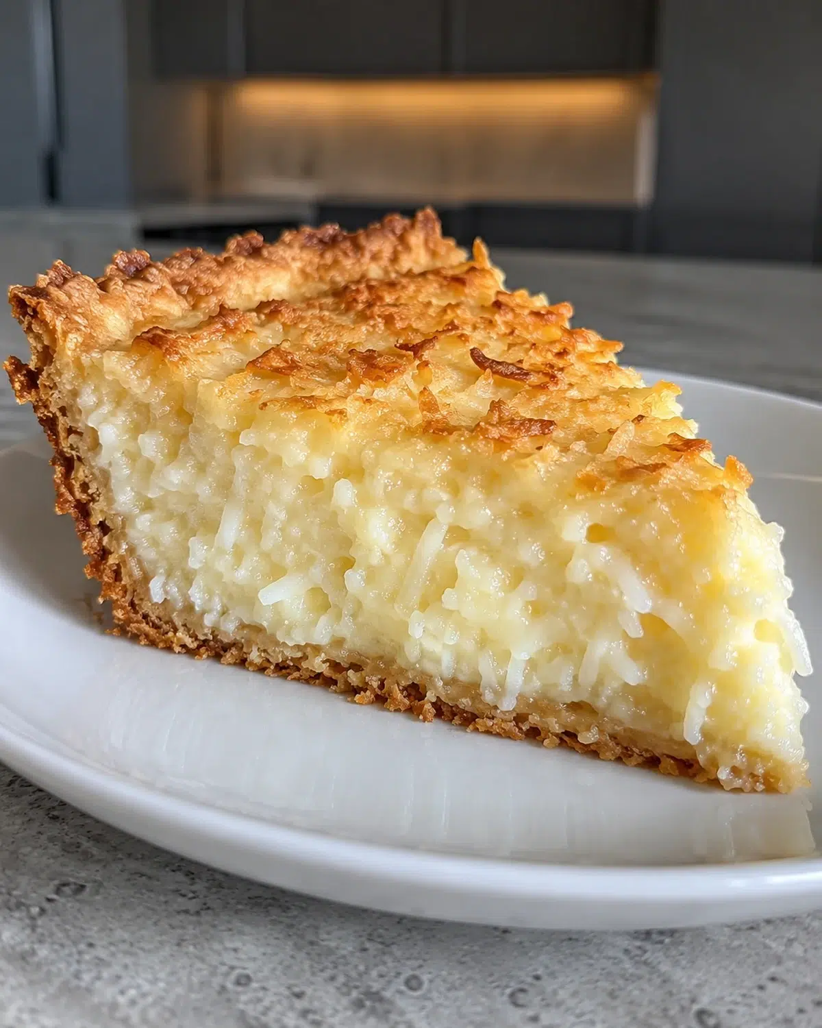Sugar-free coconut custard pie wedge with golden toasted coconut on a white plate