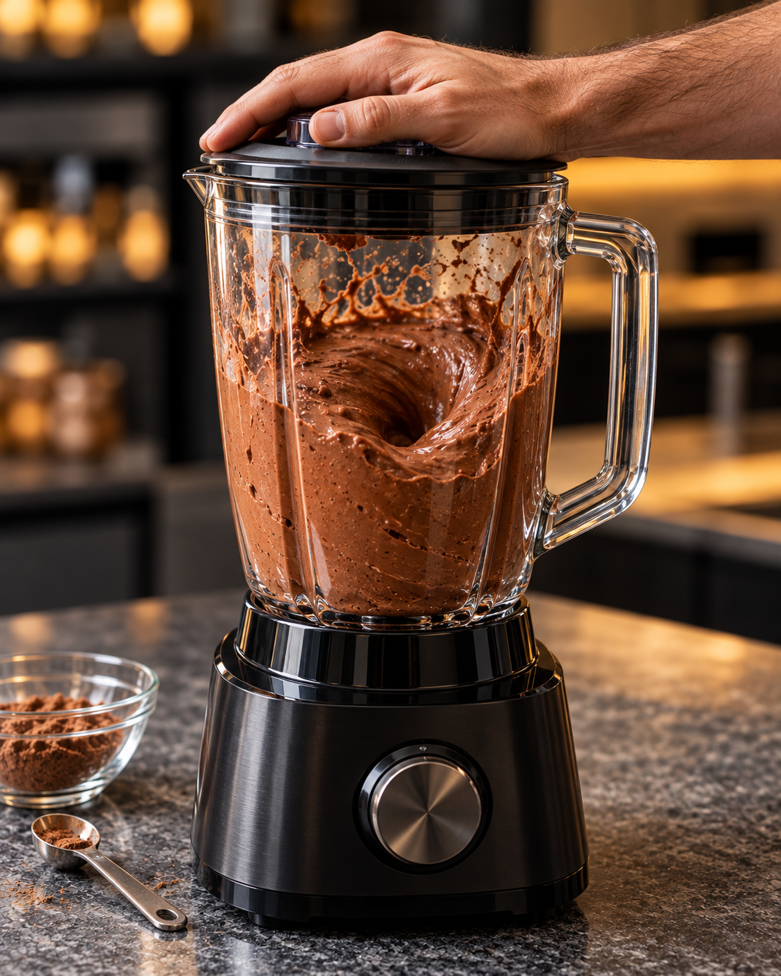 Man's hand resting on a blender lid as the chocolate mousse base spins in the glass jar