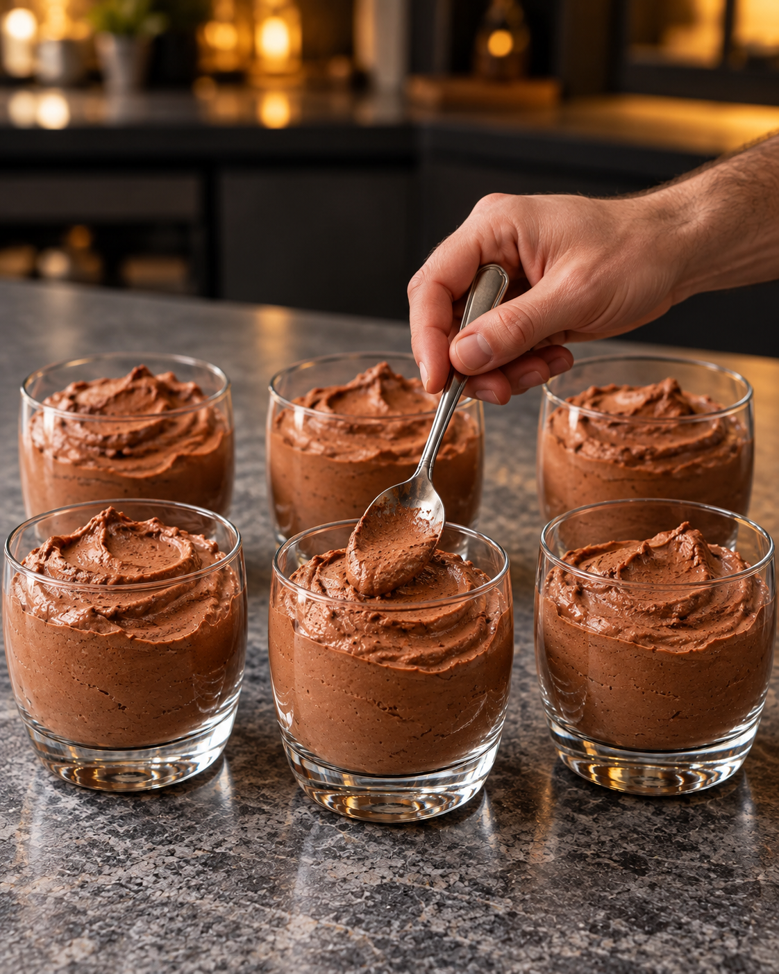 Six clear dessert glasses of chocolate mousse with spoon swirls and a hand holding a spoon