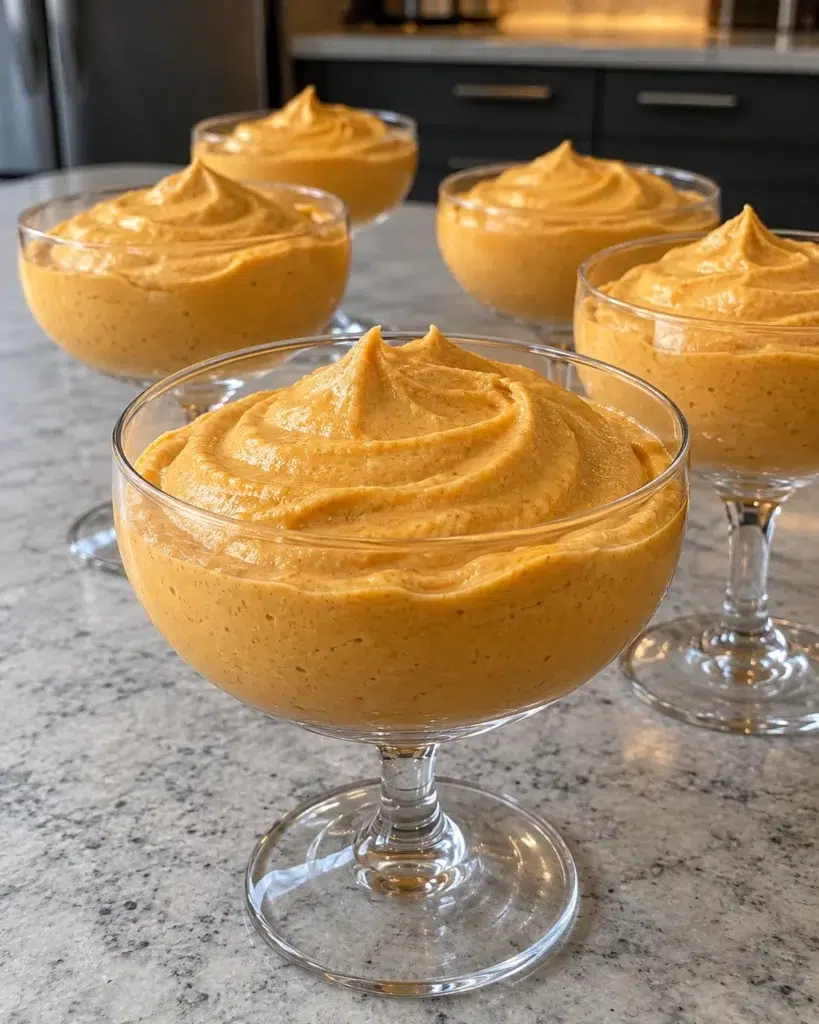 Sugar-free cottage cheese pumpkin mousse piped in swirls into six glass dessert coupes