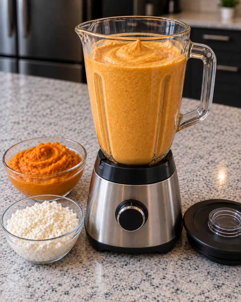 Cottage cheese and pumpkin blended until completely smooth in a high-speed blender