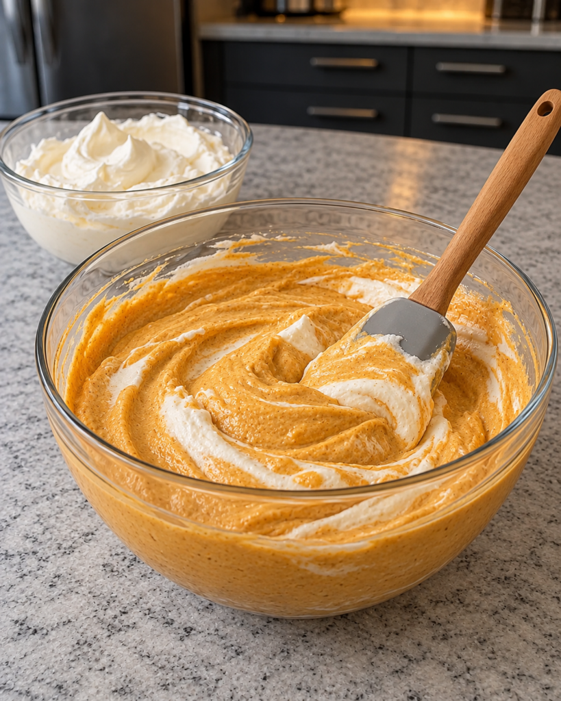 Whipped cream being folded into the pumpkin mixture in a glass bowl